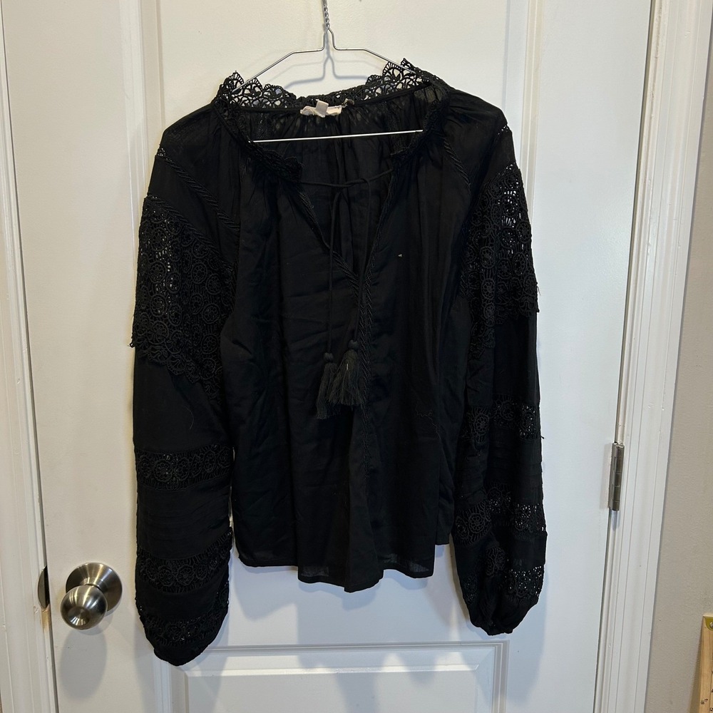 Elan Women Blouse Black Cotton Crochet Lace Tassel Peasant Top M